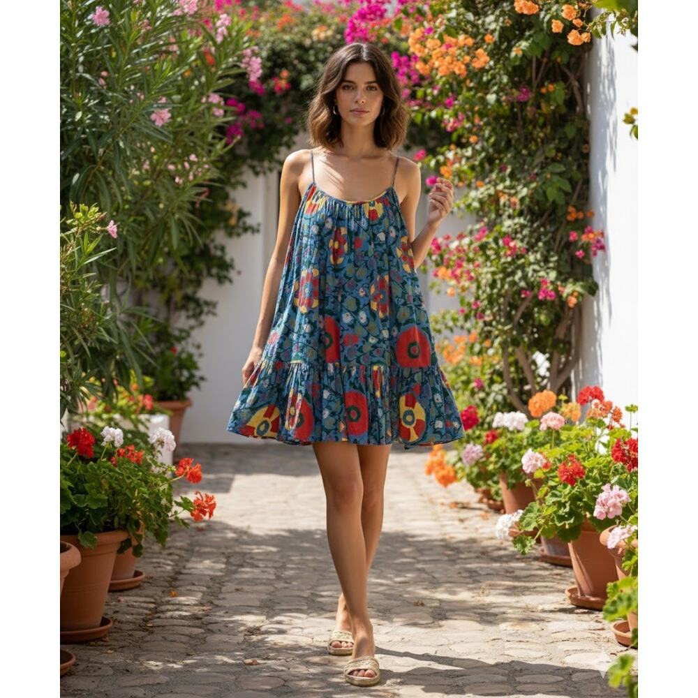 RHODE Blue Floral Mini Dress with Red and Yellow Accents